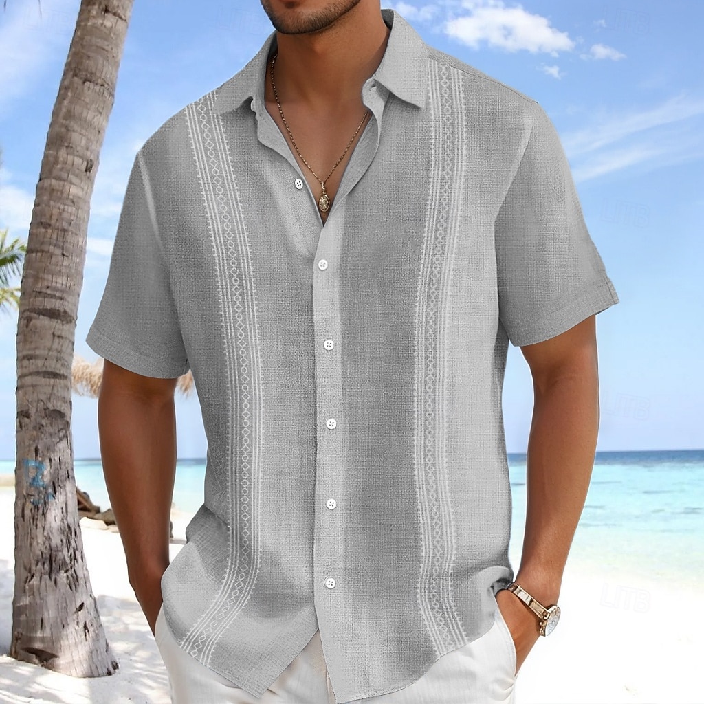 Per uomo Camicia di lino Camicia Guayabera Abbigliamento da spiaggia Camicia con Bottoni Testurizzato Vacanza Casuale Bianco Blu Verde Grigio Manica Corta Collo ripiegato Estate Primavera del 2025 a $24.99 –P6