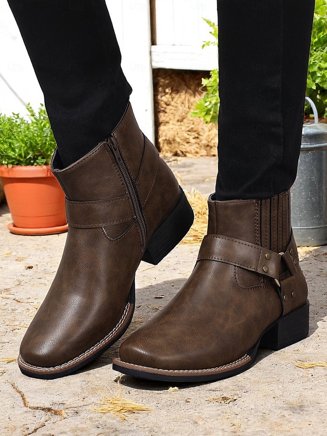 bottines pour femmes avec fermeture éclair latérale et détail de sangle, similicuir, chaussures de travail de style occidental pour les tâches agricoles en plein air, la fête des récoltes et le port quotidien de 2025 ? $42.99 –P3