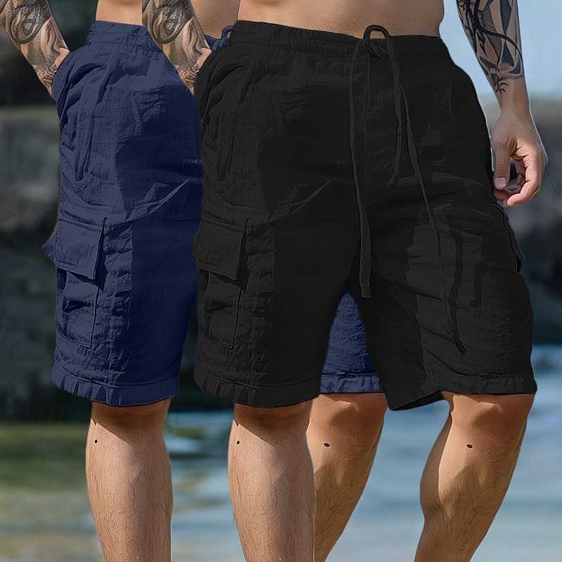 Homens Calção Shorts de linho Shorts de verão Shorts de praia Com Cordão Cintura elástica Bolso multi Tecido Comprimento do joelho Ao ar livre Feriado Praia Férias Havaiana Branco + céu azul Branco de 2025 por $27.99 –P7
