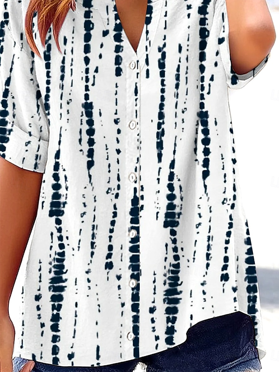 Femmes Chemise Fleuri Rayé 3D ancien Tropical Élégant Manche Courte Encolure en V Hauts Réguliers Quotidien Fête Boutons Blanche bleu marine Été Printemps Automne de 2025 ? €31.99 –P6