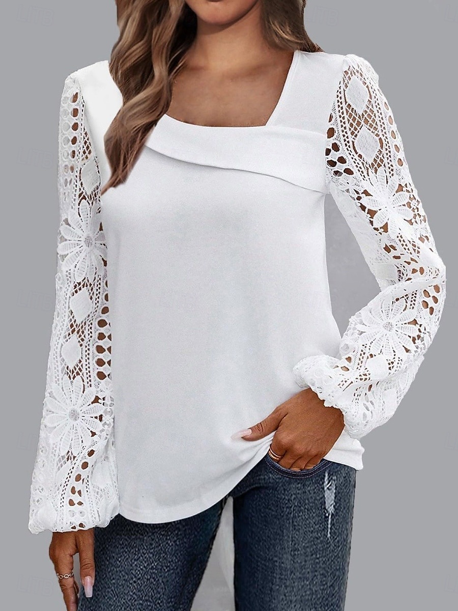 Damen Elegante Weiße Spitzen Tops Ösen Bluse Lässig Einfarbig Reguläre Tops Langarm Asymmetrische Spitzen Patchwork Reguläre Passform Täglich Schwarz Weiß Rosa Romantische Petite Tops Sommer Urlaub 2025 - $29.99 –P6