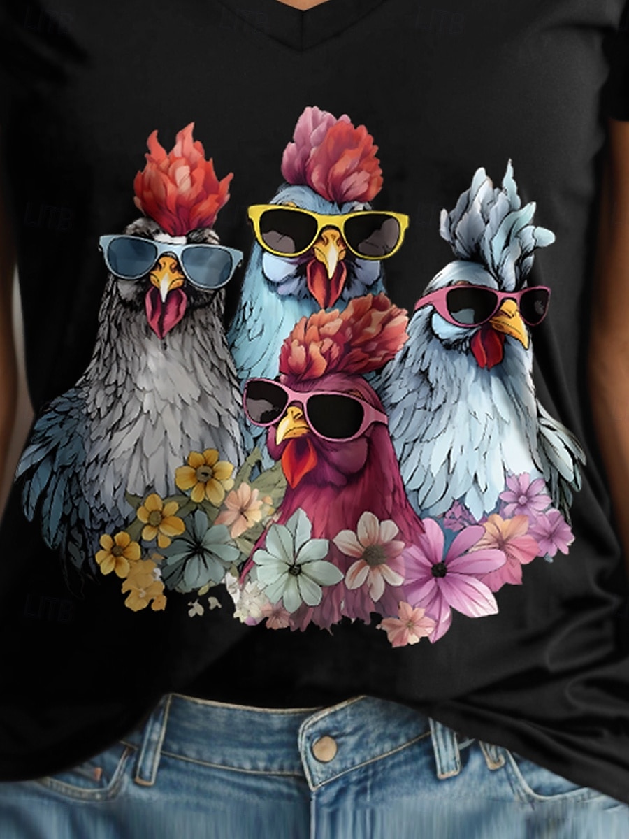 Dame T skjorte Blomstret Grafisk Dyr Årgang Stilfull Klassisk Kortermet V-hals Vanlige topper Daglig Trykt mønster Svart Hvit Rosa Rød Blå Sommer Vår 2025 - $19.99 –P3