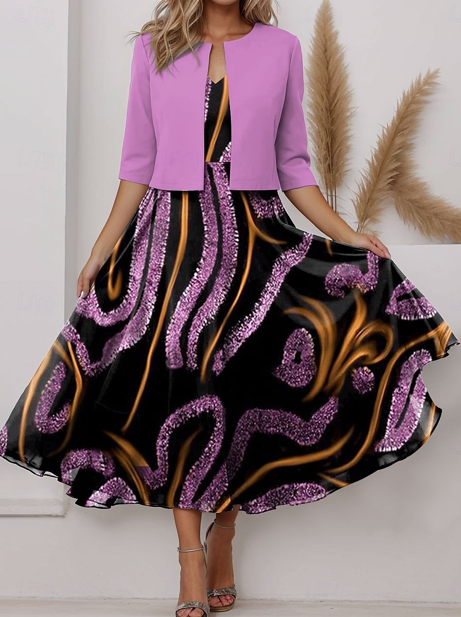 Damen Kleid-Set A Linie Kleid Sommerkleid Party Halbformelle Kleider Grafik Gestreift Druck Midikleid Halbarm V Ausschnitt Hochzeitsgast Täglich Rosa Purpur Orange Sommer Frühling Normale Passform 2025 - $36.99 –P1