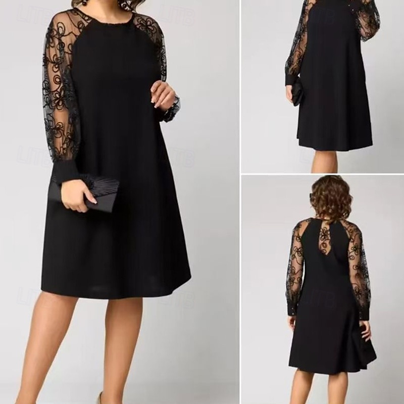 Damen Minikleid Spitzenkleid Freizeitkleid Elegant Mode Outdoor Urlaub Date Regular Fit Einfarbig Langarm Rundhals Schwarz Frühling Herbst 2025 - 22,99 € –P2