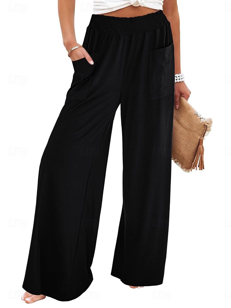 Per donna Gamba larga Chinos Vacanza Moda Streetwear Lunghezza intera Vita Alta Semplice Tasca Fascia Elastica Comodo Morbido Confortevole Micro-elastico All'aperto Streetwear Nero Fucsia Marrone del 2025 a $26.99 –P12