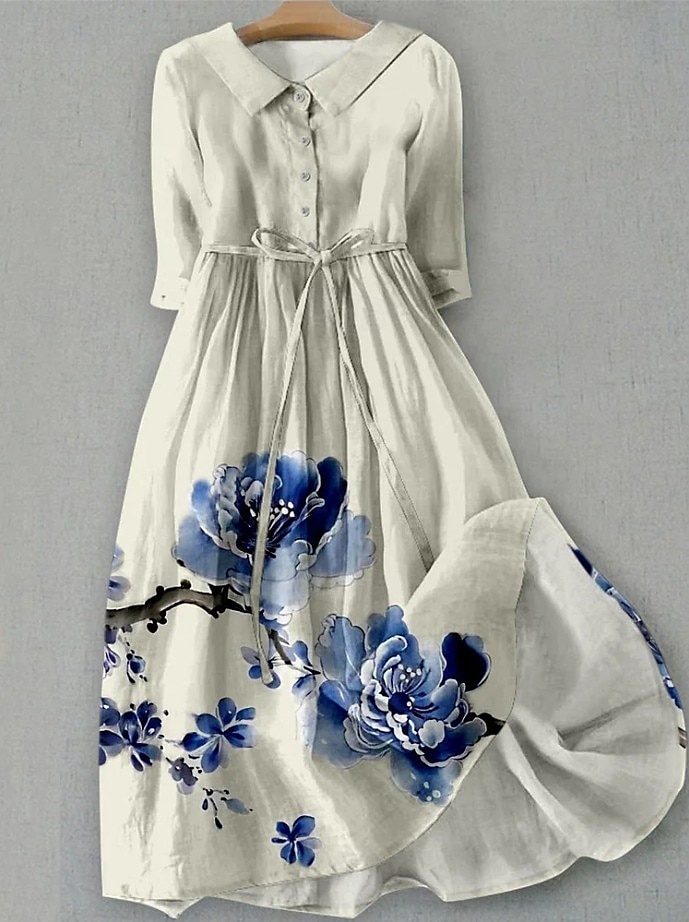 Dames Halflange jurk Hemdjurk Vakantie Casual Boho Dagelijks Feestdagen Teaparty Normale pasvorm Bloemig Grafisch Halve mouw Revers Lichtgeel Groen Donkerblauw Beige Zomer Lente 2025 - $37.99 –P4