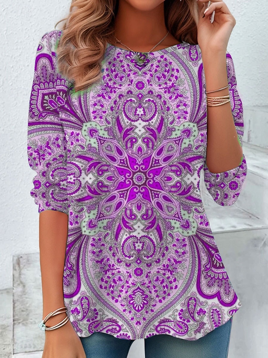 Femmes T-shirt Fleuri Graphique Paisley ancien Élégant Classique manche longue Col ras du cou Hauts Réguliers Quotidien Week-end Imprimé Bleu Violet Orange Vert Été de 2025 ? $22.99 –P2