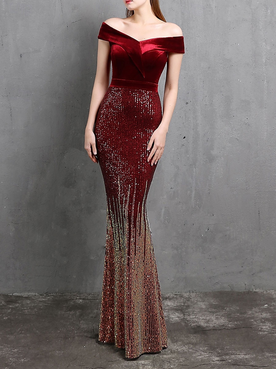 Mermaid / Trumpet Evening Gown Elegant Dress Formal Wedding Floor Length Short Sleeve Off Shoulder Velvet with Beading 2025 - $129.99 –P1