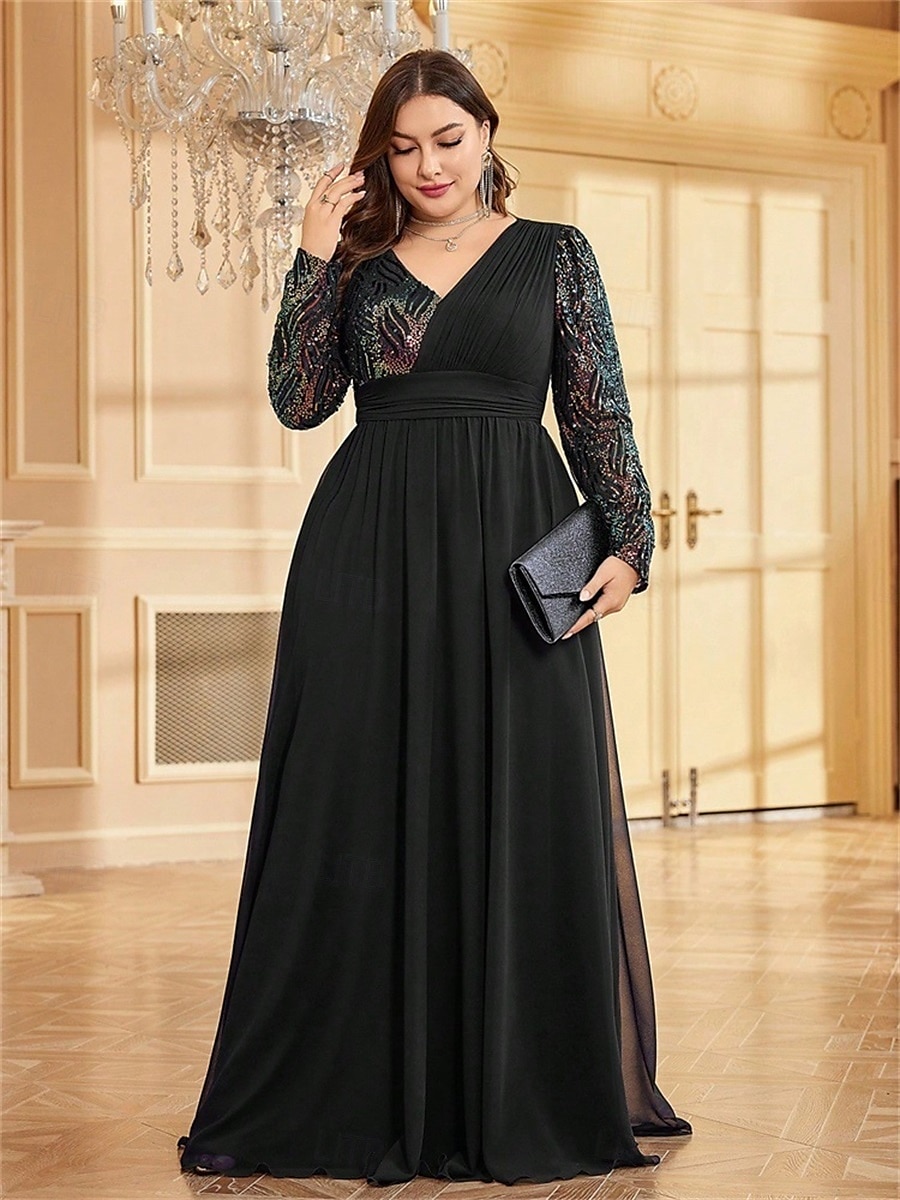 A-Line Plus Size Dresses Elegant Curve Dress Formal Wedding Floor Length Long Sleeve V Neck Chiffon with Sequin 2025 - $119.99 –P20