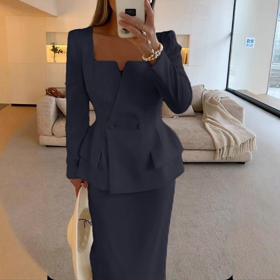 Zweiteilig Meerjungfrauenschnitt Brautmutterkleid Formell Elegant Einfach Minimalistisch Quadrathals Tee-Länge Krepp Stretchstoff Langarm mit Einfarbig 2025 2025 - $139.99 –P7