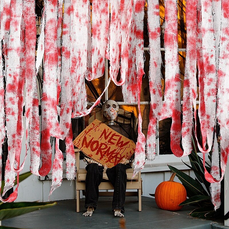 halloweeni véres gézkötés, vérfoltos kendőcsíkok, figyelmeztető szalag, hátborzongató jelenet dekoráció, kísértetjárta házibuli kellék 2025 - $9.49 –P1