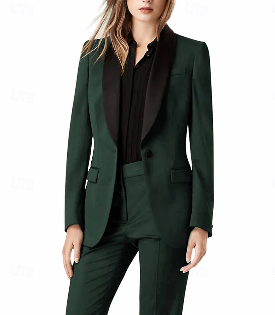 Grün Rot Zweiteiliger Hosenanzug Brautmutterkleid Elegant Revers Bodenlang Stretchstoff Lange Ärmel mit Einfarbig 2025 - $149.99 –P2