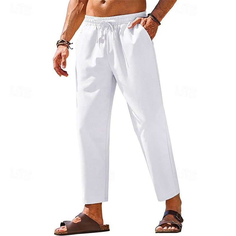 Herr Linne Byxor Långbyxor Sommarbyxor Strandbyxor Ficka Elastisk midja Snörning Slät Komfort Andningsfunktion Semester Dagligen Helgdag Hawaiisk Boho Mörkbrun Svart 2025 - $18.99 –P2