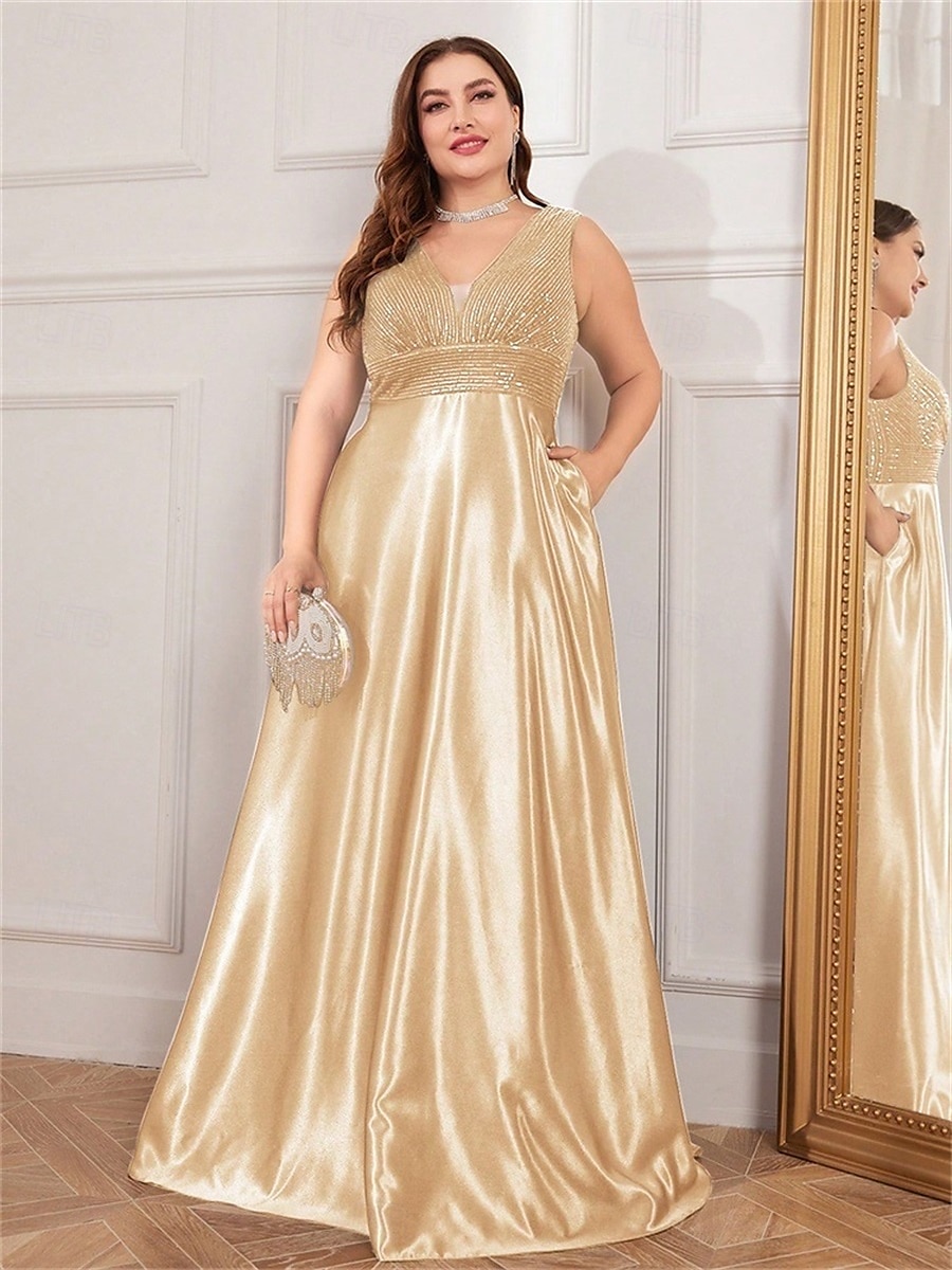 A-Line Plus Size Dresses Elegant Curve Dress Formal Wedding Floor Length Sleeveless V Neck Satin V Back with Pleats 2025 - $119.99 –P8