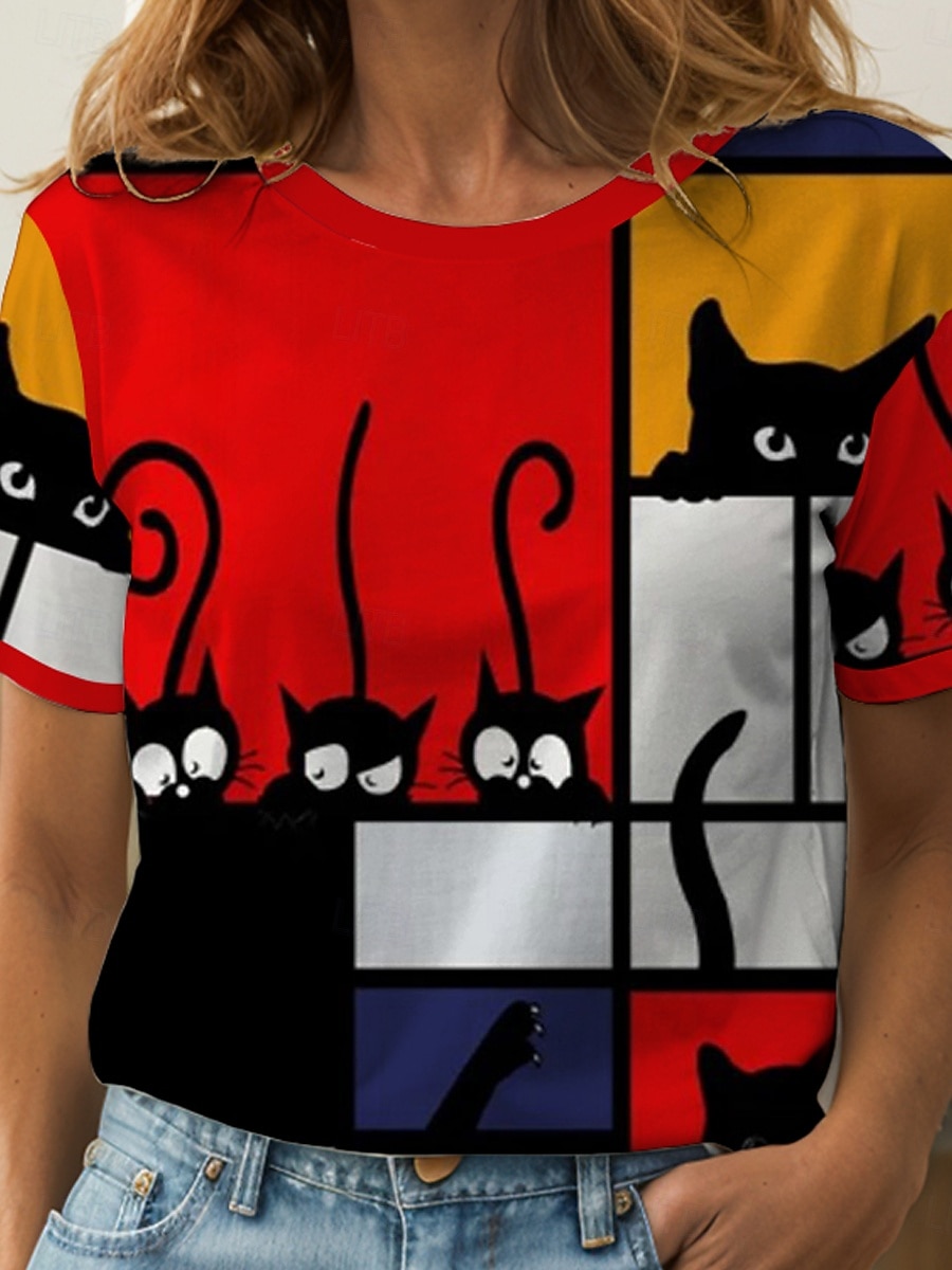 Pentru femei Tricou Grafic Geometric Pisica Epocă Stilat Clasic Manșon scurt Stil Nautic Rotund Topuri obișnuite Zilnic Sfârșit de săptămână Imprimeu Galben Roșu-aprins Albastru piscină Vară Primăvară 2025 - $21.99 –P3