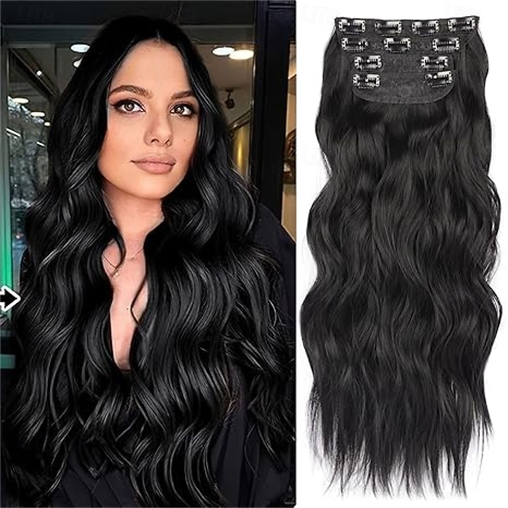 Extensions de cheveux noirs de jais de 24 pouces à clipser, 4 pièces, extensions de cheveux synthétiques longs et ondulés, extensions de cheveux souples à clipser, postiche à double trame pour toute de 2025 ? $26.99 –P1