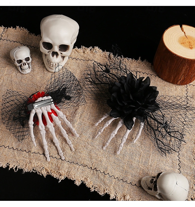 Fermaglio per capelli a forma di teschio di Halloween con osso e rosa, fermaglio laterale in rete spettrale, accessorio per capelli unico per costumi da festa del 2025 a $6.99 –P1