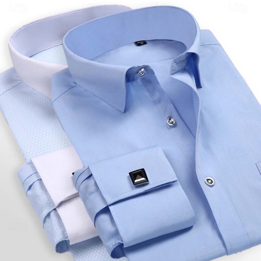 2025年 男性用 シャツ ドレスシャツ フレンチカフシャツ 平織り 結婚式 ビジネス ピンクとパープル ブルーとライトブルー 黄色 + 青 イエロー+ピンク 長袖 カラー オールシーズン 衣類 ポケット  コレクション – $33.99 –P7