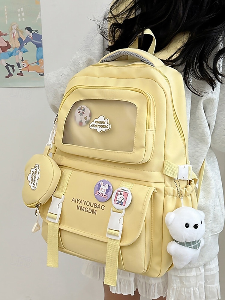 dziewczęcy plecak szkolny w kolorze makaroników - wodoodporny, o dużej pojemności, z ozdobnymi szpilkami, brelokiem w kształcie pluszowego misia i wieloma kieszeniami, odpowiedni dla nastoletnich uczennic i do codziennego użytku na uczelni 2026 - $34.99 –P3