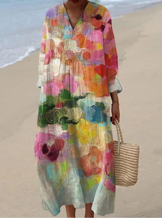 Damen Midikleid Sommerkleid A Linie Kleid Urlaub Lässig Boho Party Ausgehen Strand Blumen Grafik Abstrakt Langarm V Ausschnitt Asche Weiß Gelb Rosa Sommer Frühling 2025 - $35.99 –P1