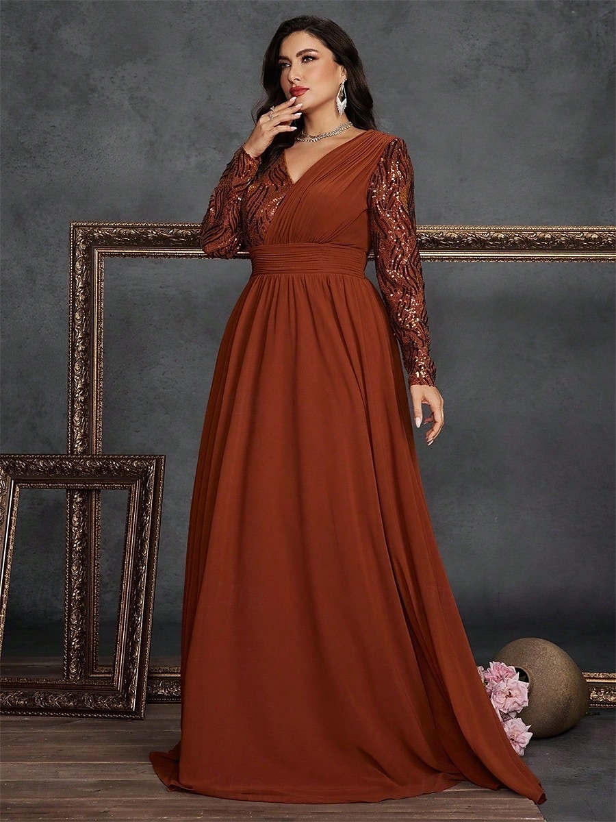 A-Line Plus Size Dresses Elegant Curve Dress Formal Wedding Floor Length Long Sleeve V Neck Chiffon with Sequin 2025 - $119.99 –P25