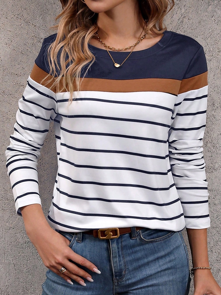 Kvinnors T-shirt Crew Neck Långärmad Tunika Grafik Randig Stilren Klassisk Casual Regelbundna Toppar Dags Helgtryck Svart Mörkblå Grön Grå Höst 2026 - $24.99 –P3