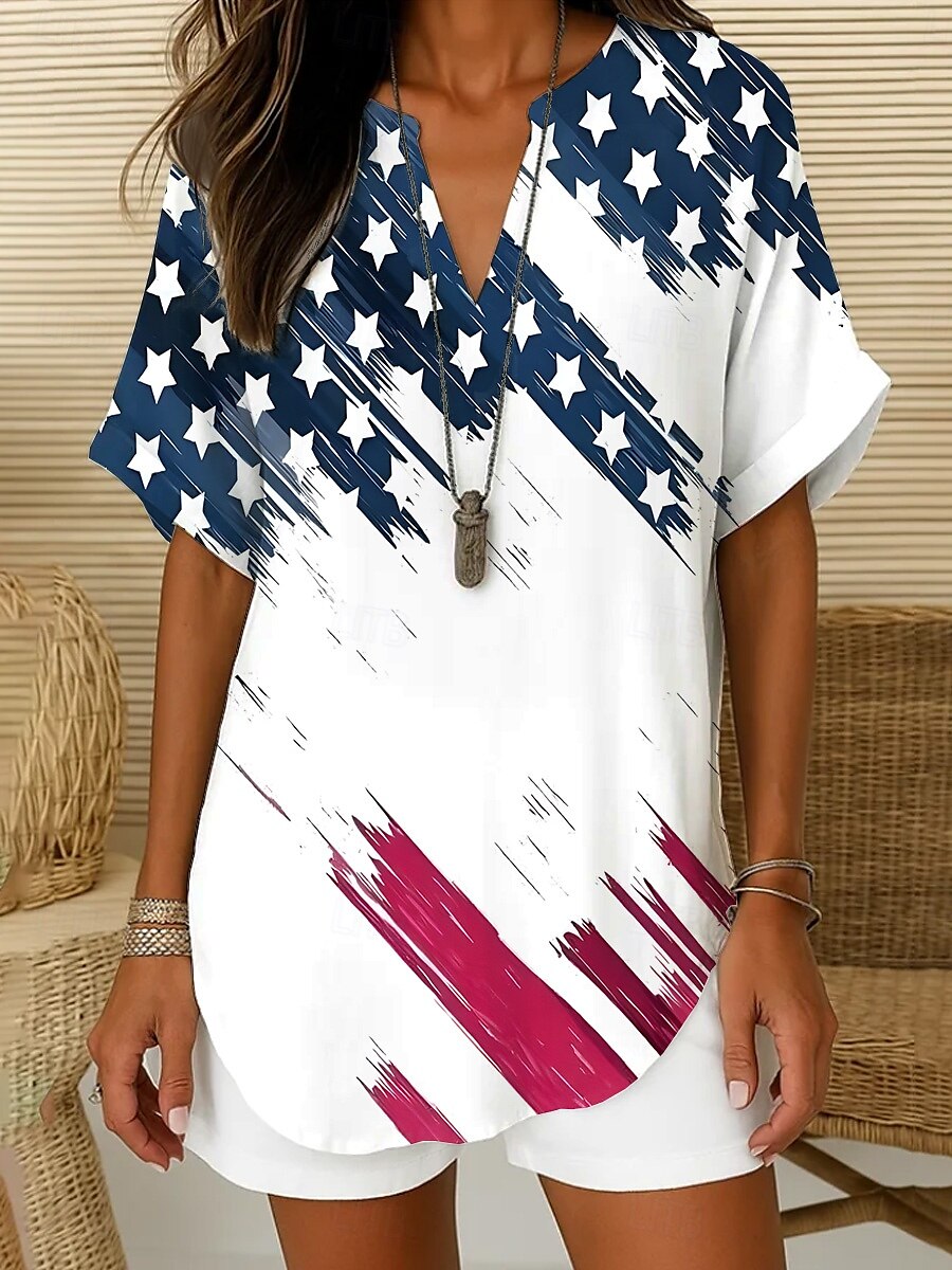 Kvinnepatriotisk Bluse Ombre Grafisk flagg Elegant Vintage Tropisk kortermet V-hals hakket hals vanlige topper daglig ferie hvit rød marineblå himmelblå 2025 - $24.99 –P4
