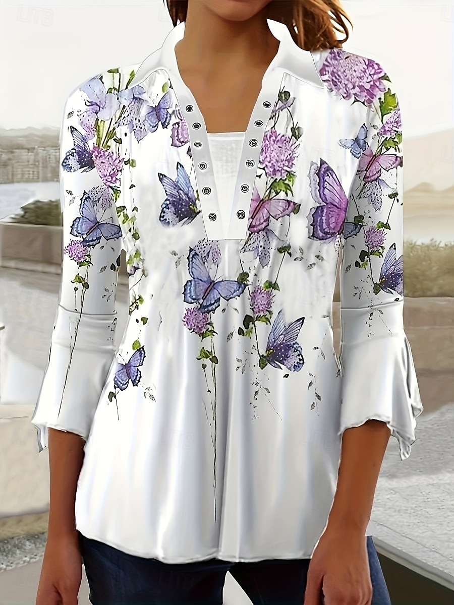Femmes Chemisier Fleuri Graphique ancien Occasionnel Manche 3/4 Col de chemise Hauts Réguliers Quotidien Patchwork Imprimé Noir Blanche Bleu Violet Été Printemps de 2025 ? $24.99 –P2