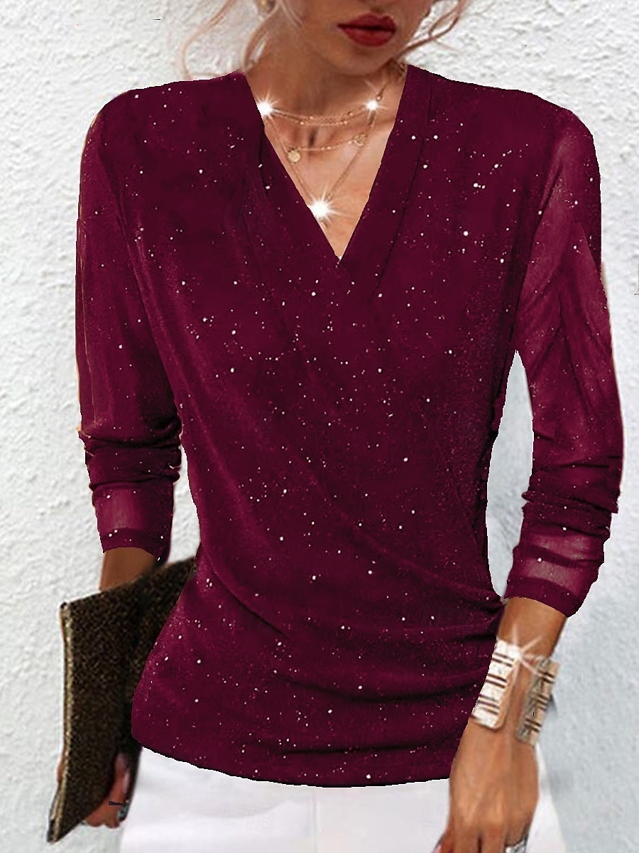 Dames Blouse Effen Kleur Stijlvol Casual Lange mouw V-hals Normale tops Dagelijks Netstof Lapwerk Zwart Rood Kameel Paars Bruin Zomer Lente 2025 - $29.99 –P3