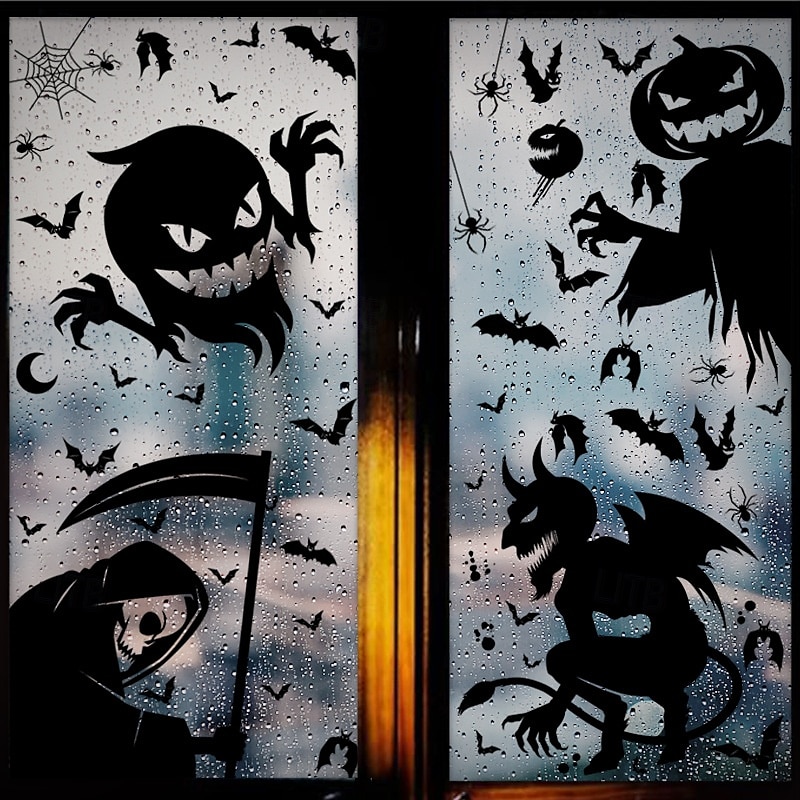 4 Sheets Halloween Window Cling Sticker Decals Decorations Double Side, Ghost Pumpkin Witch Grim Reaper Bat Skeleton Static Stickers for Halloween Party Supplies 2025 - $6.49 –P1