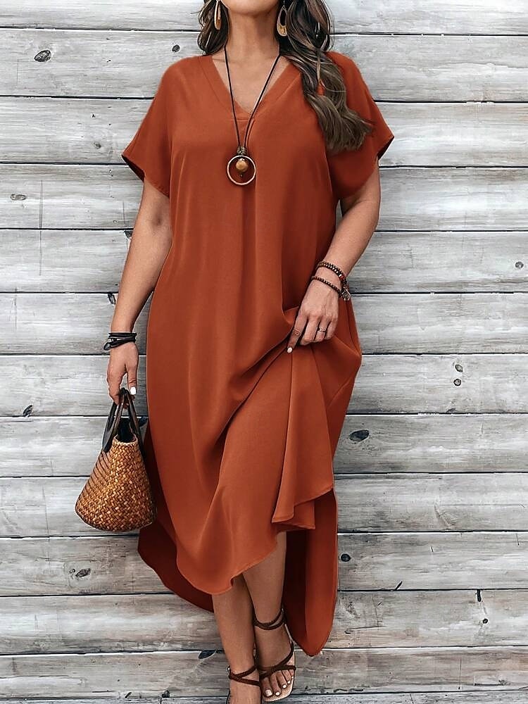 Pentru femei Rochii Midi Rochie A line Casual Zilnic Ieșire Simplu Manșon scurt În V Maro Închis Bleumarin Galben Albastru regal Vară 2025 - $29.99 –P7