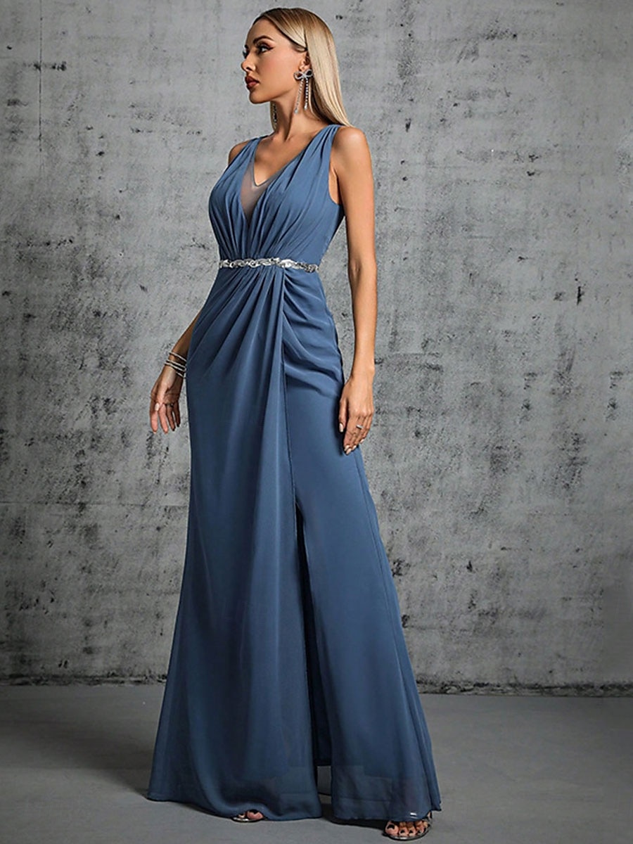 Zeemeermin  Trompet Quinceanera Jurken Elegante Jurk Formeel Bruiloft Vloerlengte Mouwloos V Hals Chiffon met Split 2025 - $79.99 –P2