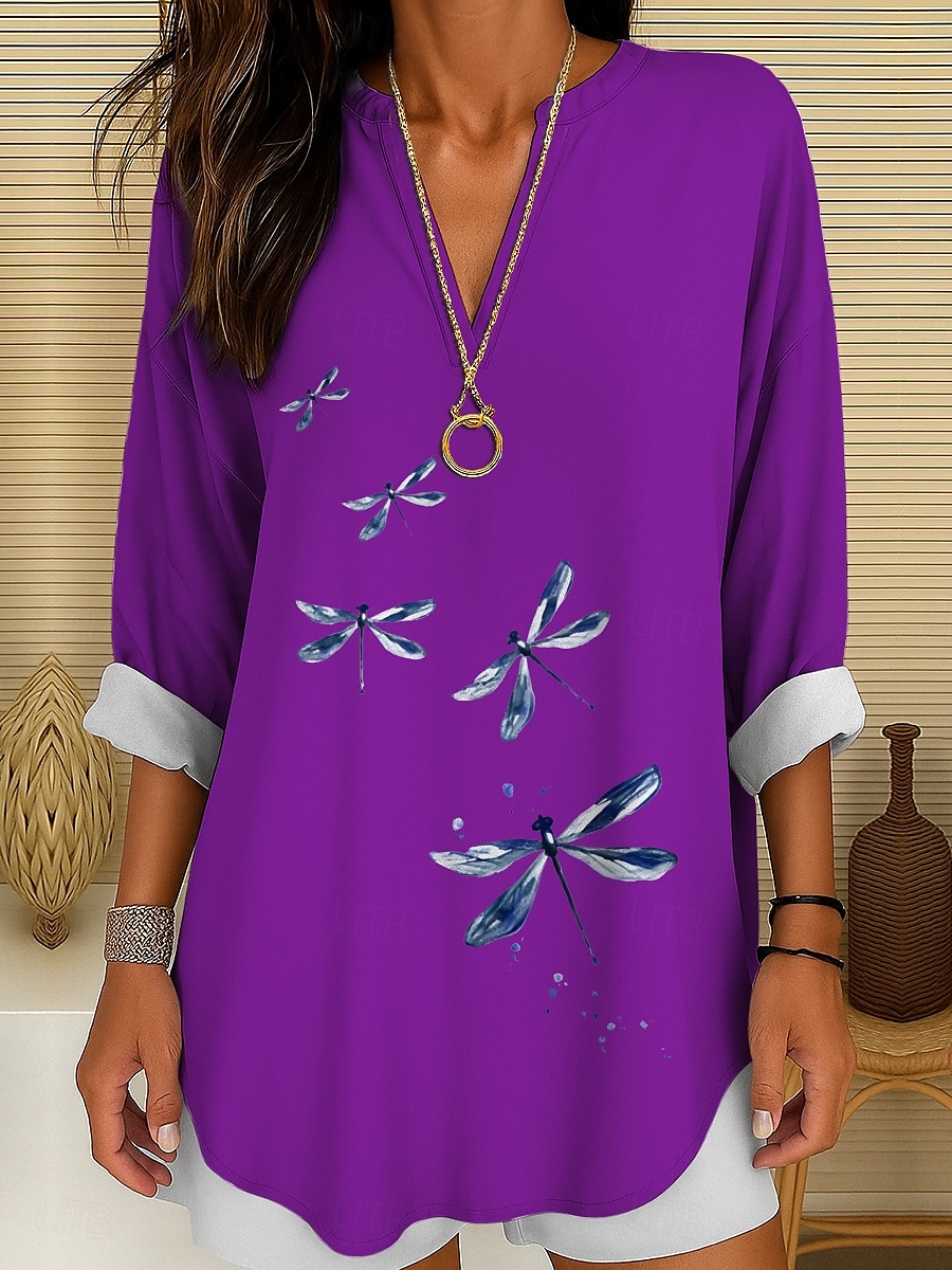 Femmes Chemisier Graphique Animal Libellule Bohème ancien Tropical manche longue Col en V Hauts Réguliers Quotidien Fête Tenue de plage Imprimé Noir Blanche Rouge Bleu Violet Été Printemps de 2025 ? $24.99 –P6