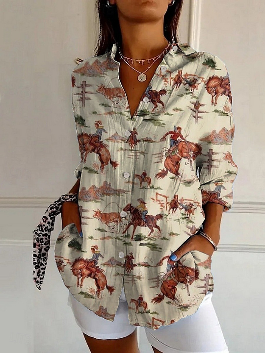Dames Overhemd Bloemig Grafisch Actief Dagelijks Stijlvol Lange mouw Overhemdkraag Normale tops Dagelijks Feestdagen Knop Afdrukken Wit Rood Marineblauw blauw Khaki Lente Herfst 2025 - $25.99 –P2