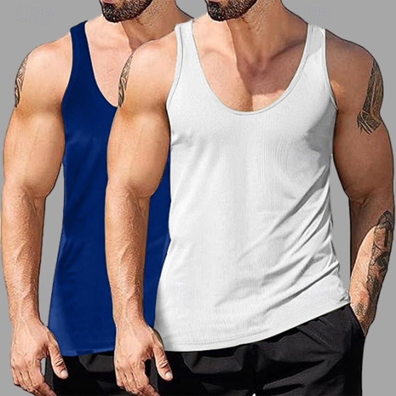 2PCs Men's Tank Top Undershirt Sleeveless Shirt Wife beater Shirt Sleeveless Deep U Scoop Neck Scoop Neck Summer Solid Color Plain Pit Strip Fashion Designer Sporty Ribbed Plain Casual Tank top 2026 - $20.99 –P10