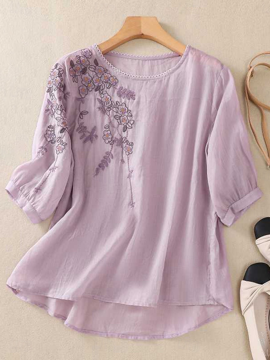 Femmes Chemises en coton et lin Couleur Unie Basique Occasionnel Manche 3/4 Col ras du cou Hauts Réguliers Quotidien Broderie Jaune Violet Vert Gris Été de 2025 ? $25.99 –P3