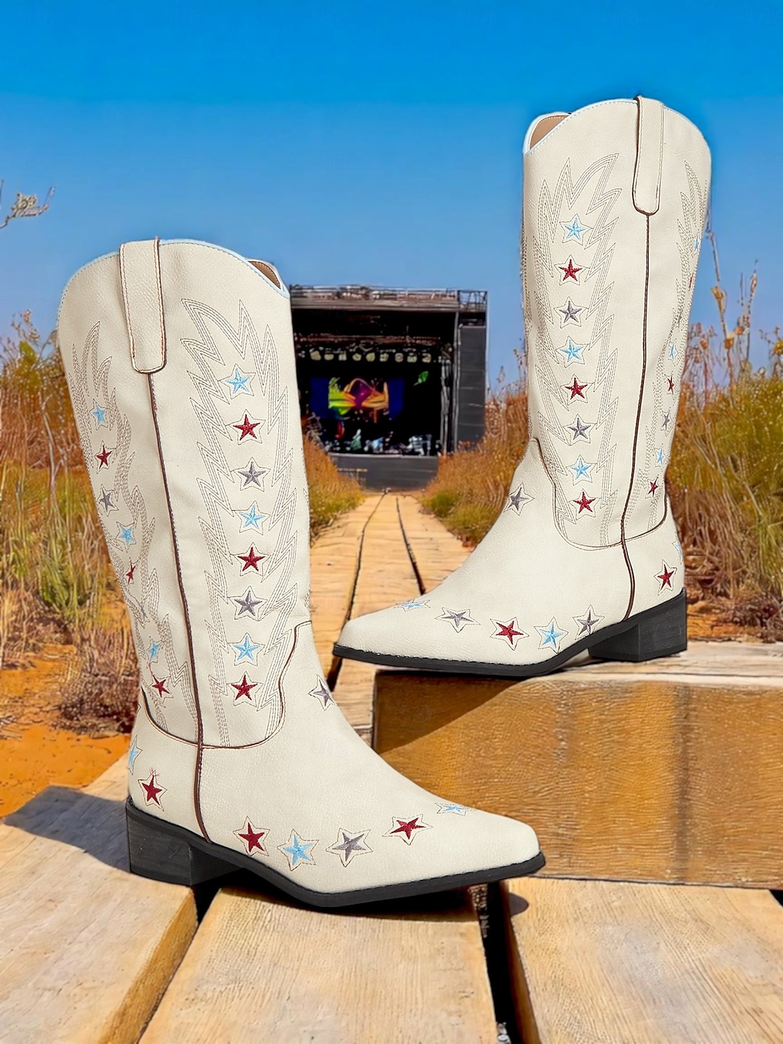 Dámské krémové kovbojské boty ve westernovém stylu s barevnou výšivkou hvězd – retro rodeo boty do půli lýtek na country koncerty, festivaly a american outfity 2025 - $46.99 –P1