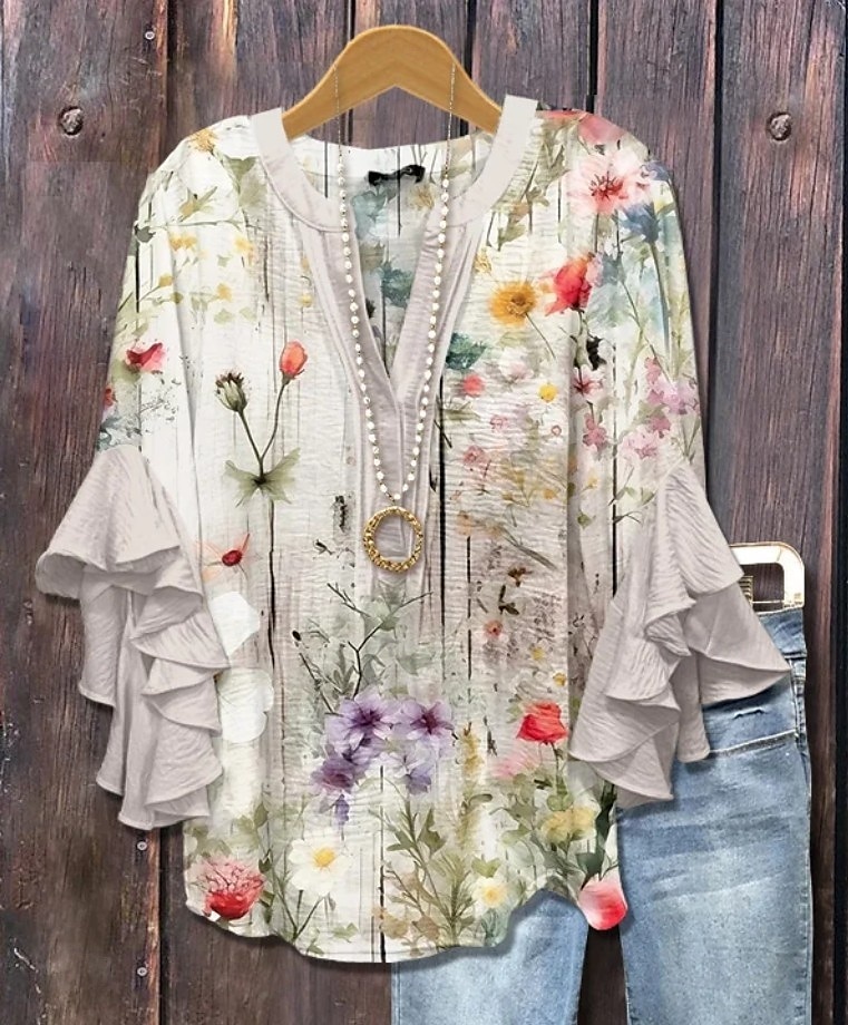 Pentru femei Bluză Floral Grafic Elegant Boemia Έθνικ Lungime Manșon 3/4 În V Topuri obișnuite Zilnic Concediu Îmbrăcăminte de vacanță Bufantă Imprimeu Roz Îmbujorat Roșu-aprins Albastru piscin 2025 - $29.99 –P3