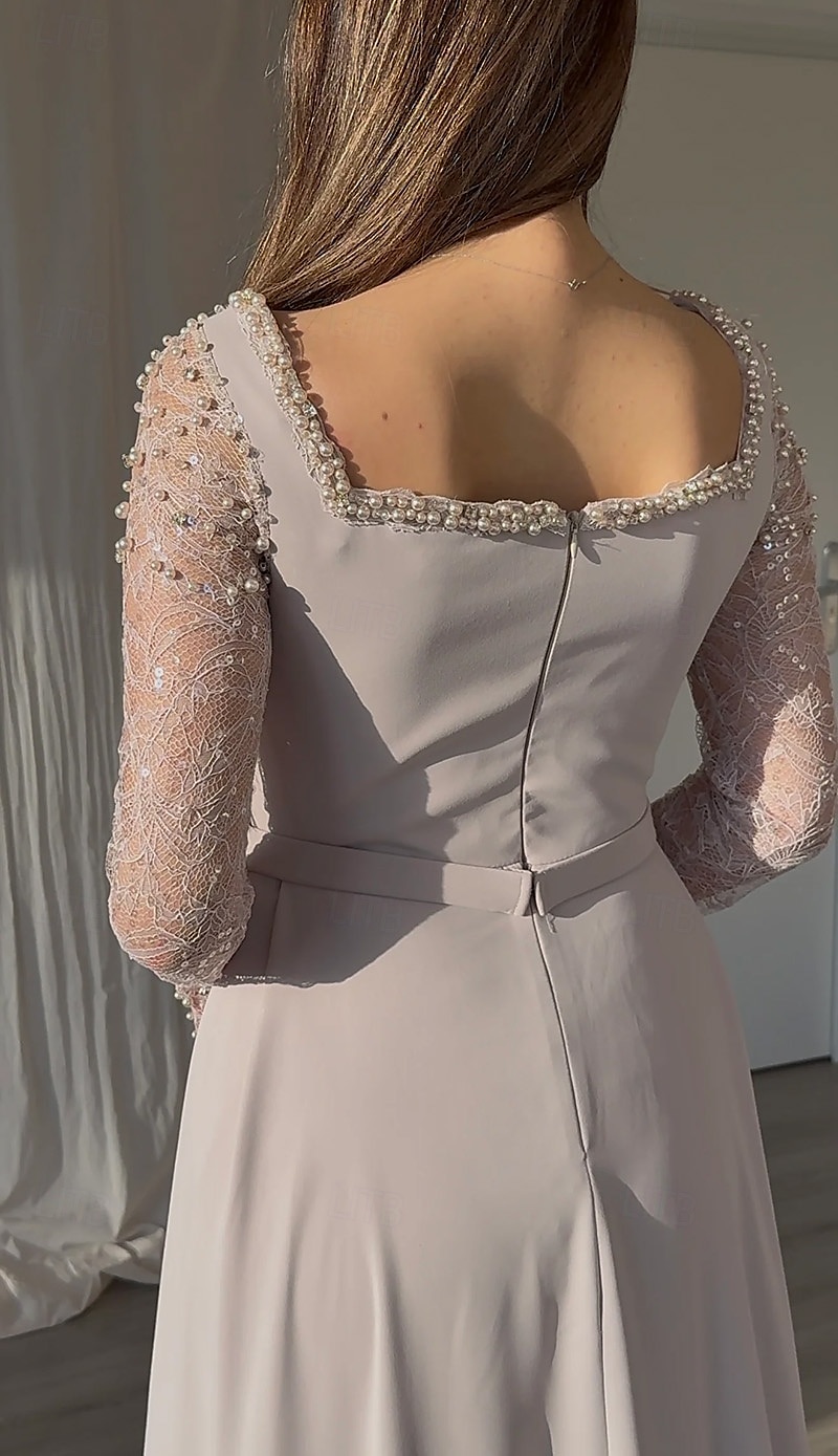 Meerjungfrau/Trompete Abendkleid Galakleid mit abnehmbarem Überrock formelles Kleid Stretch-Crêpe Hochzeit bodenlang Langarm quadratischer Ausschnitt Spitze mit Falten Perlen Pailletten Spitze 2025 2025 - $149.99 –P4