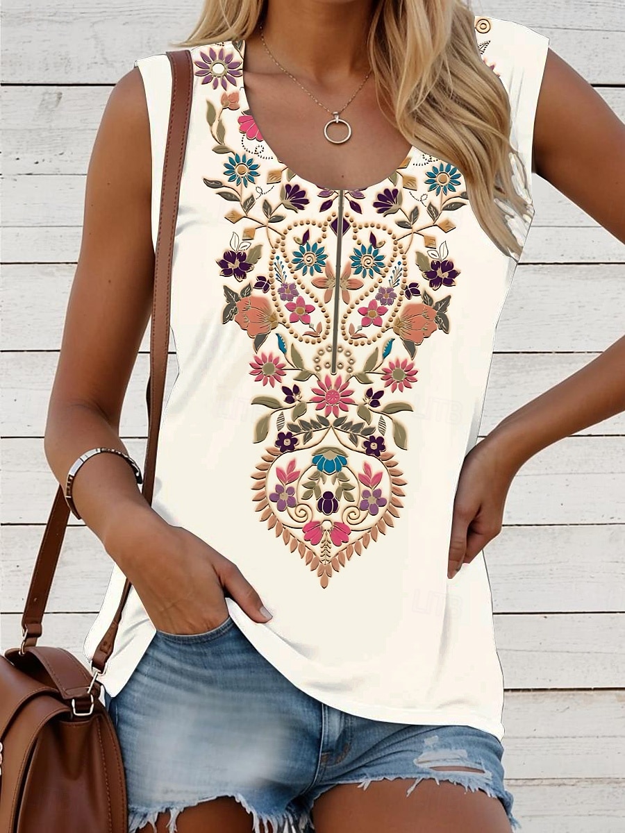 Dame Camisole Tank Top Grafisk Geometrisk Bohem Årgang Daglig Ermeløs Crew-hals Vanlige topper Daglig Trykt mønster Svart Hvit Rød Blå Kakifarget Sommer Vår 2025 - $17.99 –P6