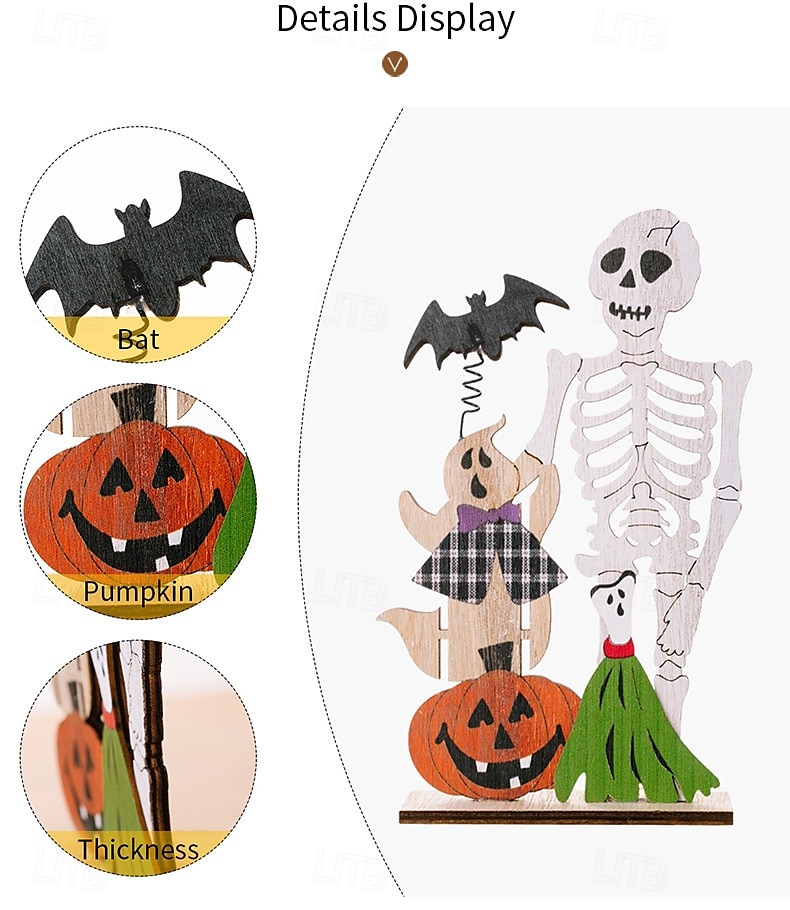 2 stk. halloween-skjelett i tre som borddekorasjon, fjærende hodeskalle med gresskar og flaggermus, skummel bordpynt til halloween-festdekorasjon 2025 - $9.99 –P2