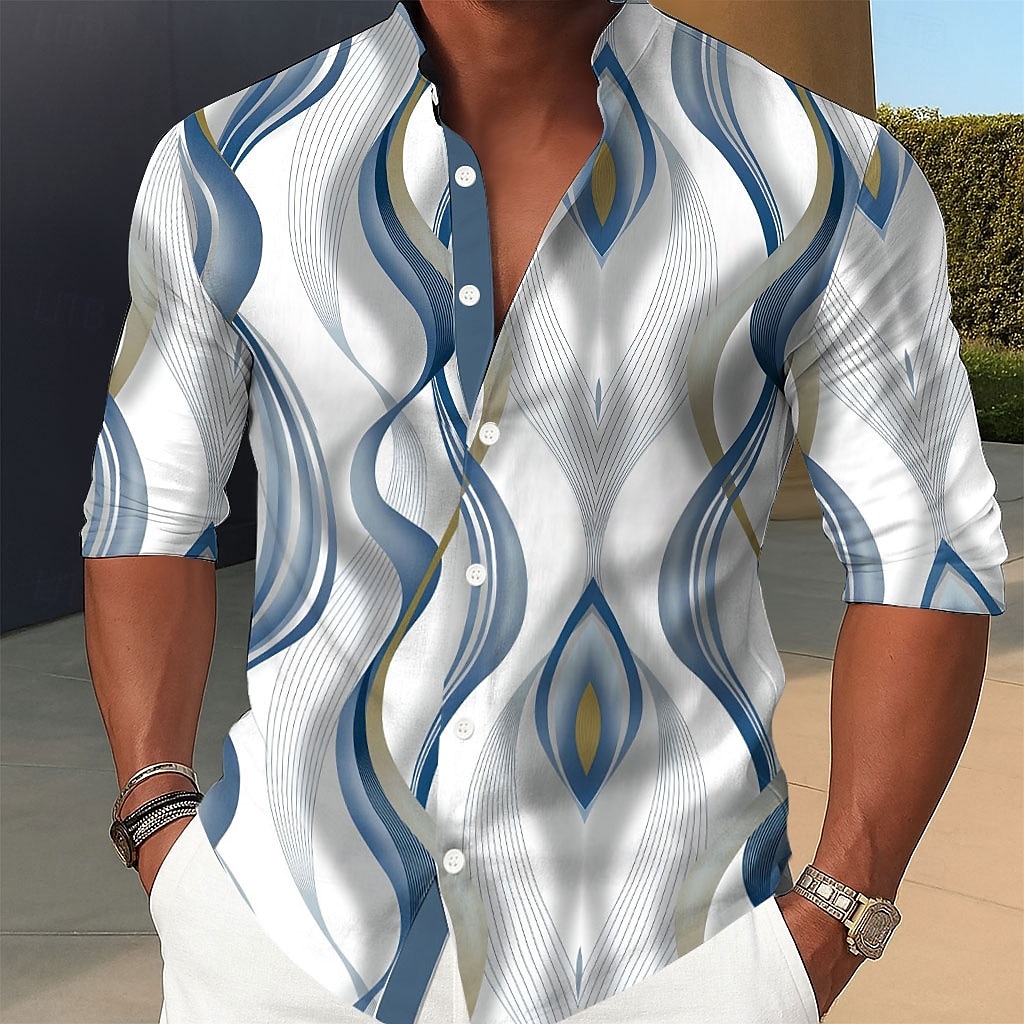 Men's Geometric Gradient Lines / Waves Shirt Stand Collar Shirt Casual Dress Shirt Long Sleeve Business Casual Vacation Home Daily Summer Spring Mandarin Collar Band Collar 3D Print Button Up Shirts 2025 - $25.99 –P1