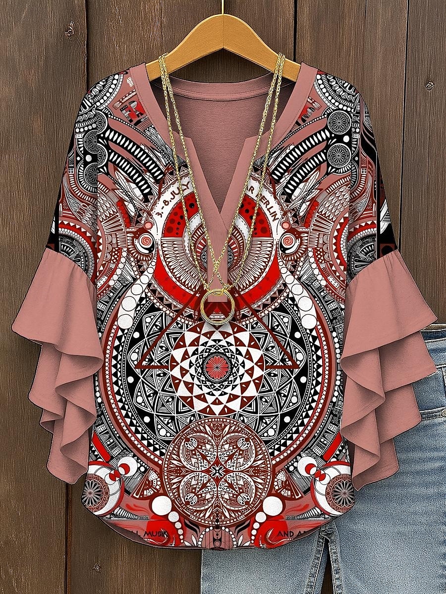 Dámské Halenka Grafika Geometrický Elegantní Čechy Geleneksel 3/4 délka rukávu Do V Běžné topy Denní Dovolená Oblečení na dovolenou Volány Tisk Žlutá Světlá růžová Vodní modrá Fialová Trávová zelená 2025 - $29.99 –P5