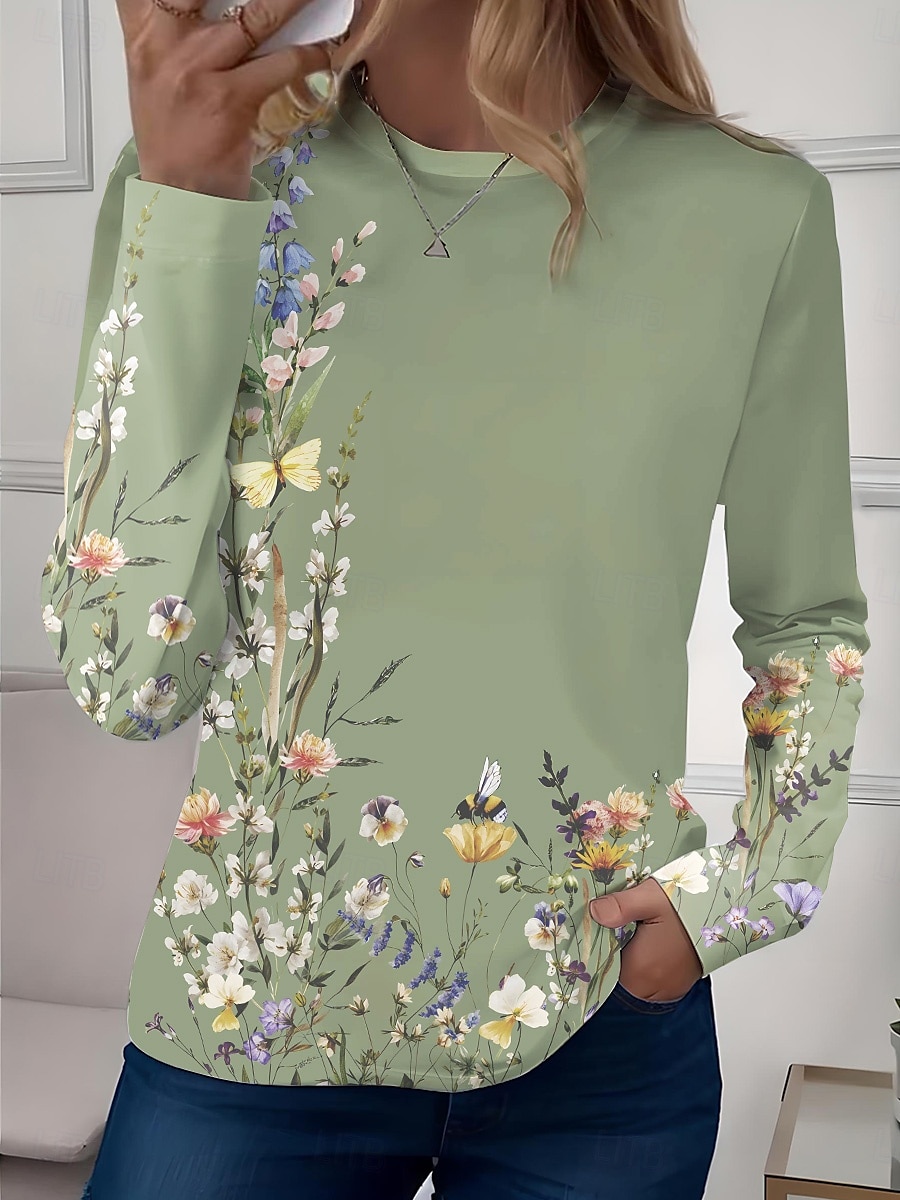 Mujer Camiseta Floral Casual Manga Larga Cuello Barco Tops regulares Diario Estampado Verde salvia Rosa Azul Piscina Azul cielo Morado Primavera Otoño 2025 - $23.99 –P1
