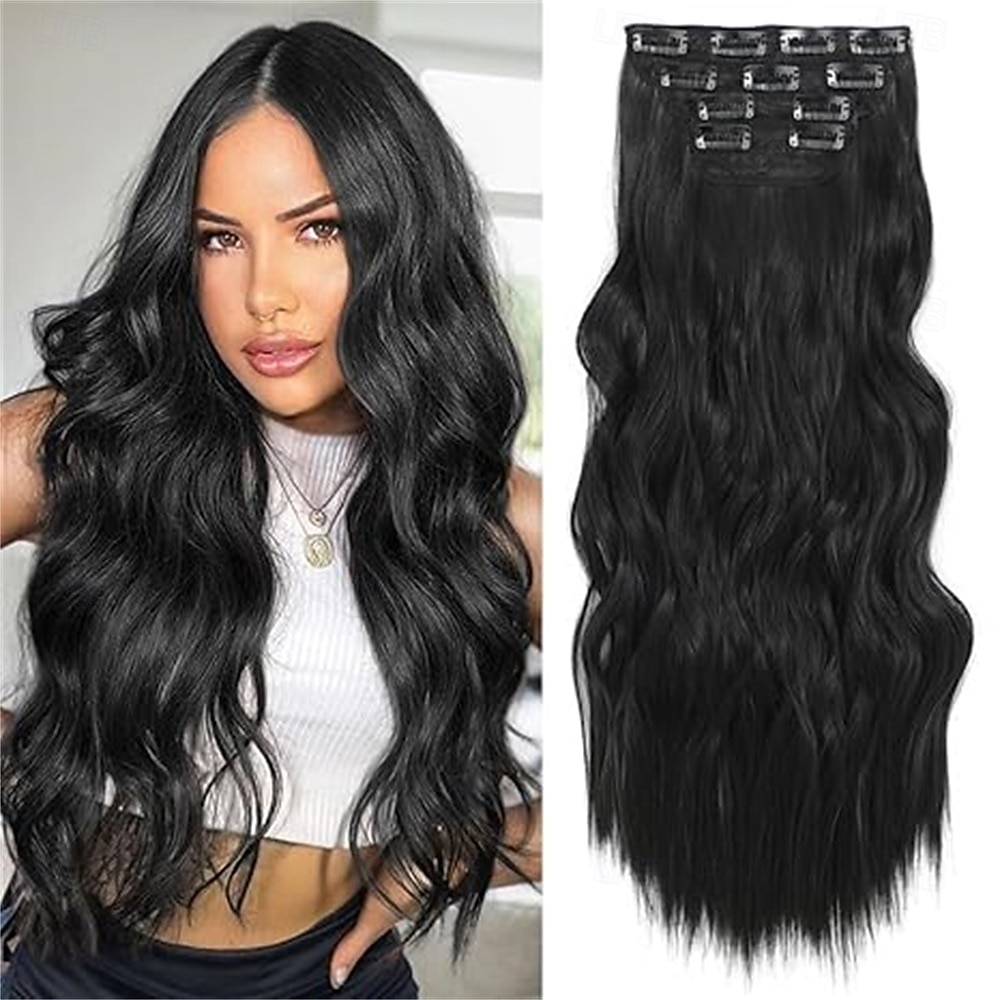 Clip in extensões de cabelo extensões de cabelo longo ondulado 4 peças castanho médio com mechas loiras clip ins para mulheres grossas &apliques de cabelo sintético para cabeça inteira de 2025 por $26.99 –P3