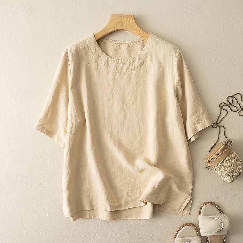 Femmes Chemise Haut en Coton Blanc Couleur Unie Élégant ancien Basique Manche Courte Col ras du cou Hauts Réguliers Quotidien Sortir Week-end Blanche Jaune Rose Claire Violet Vert Été Printemps de 2025 ? $13.99 –P3