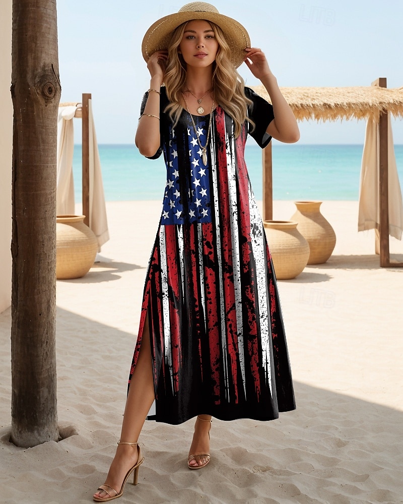 Függetlenség Napja Női Hazafias Negyedik Juliusi Maxi Ruha Hosszú Ujjú Boho Ruha Elegáns Vintage Pillangó Ujjú Üdülés Tengerpart Rendszeres Illeszkedés Zászló Vintage Rövid Ujjú Csónak Nyakú Kék Nyár 2025 - $22.99 –P6