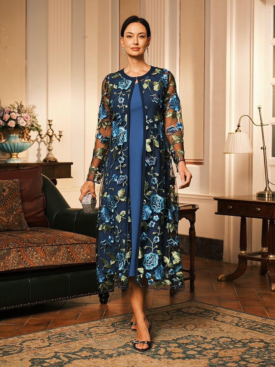 Damen Midikleid Etui-Kleid Kleid mit Jacke Elegant Cocktail Halbformelle Kleider Formell Party Hochzeitsgast Normale Passform Blumen Langarm Rundhalsausschnitt Blau Frühling Herbst Winter 2026 - $15.49 –P1