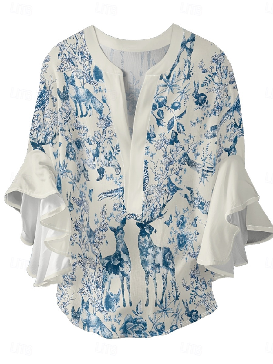 Femmes Chemisier Fleuri Élégant Moderne Manche 3/4 Col en V Hauts Réguliers Quotidien Fête A Volants Imprimé Rose Claire Bleu Vert Abricot Été de 2025 ? $22.99 –P6