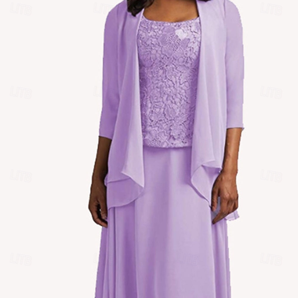 Kleid-Sets Mutter der Braut Kleid Elegant Einfach Scoop-Ausschnitt Knielang Chiffon Langarm mit einfarbig 2025 - $129.99 –P3
